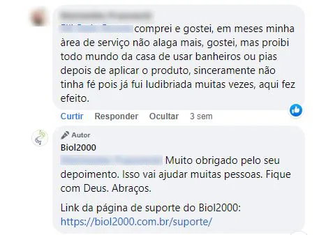 Comentário no Facebook: pela primeira vez em meses a área de serviço não alaga mais depois do produto.