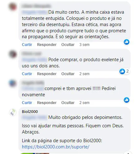 Comentários no Facebook: clientes contam que a caixa entupida desentupiu em 3 dias e que usam e aprovam o produto.
