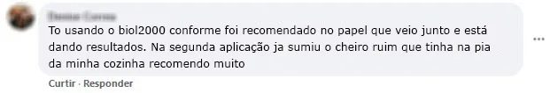 Comentário no Facebook: na segunda aplicação sumiu o cheiro ruim da pia da cozinha.