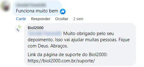 Comentário no Facebook: cliente afirma que o Biol2000 funciona muito bem.