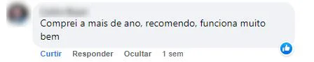 Comentário no Facebook: cliente usa há mais de um ano, diz que funciona muito bem e recomenda.