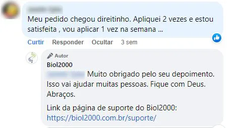 Comentário no Facebook: pedido chegou certinho e, após 2 aplicações, a cliente está satisfeita.