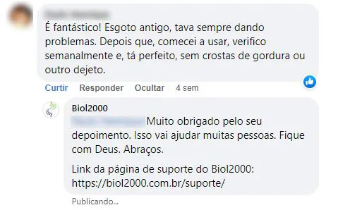 Comentário no Facebook: esgoto antigo que vivia dando problema ficou sem crostas de gordura depois do Biol2000.