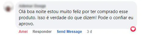 Comentário no Facebook: o cliente está feliz com a compra e diz que aprova o produto.