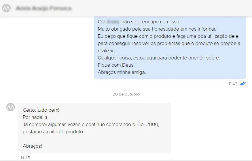 Conversa com o atendimento: a cliente conta que já comprou várias vezes e continua comprando o Biol2000.