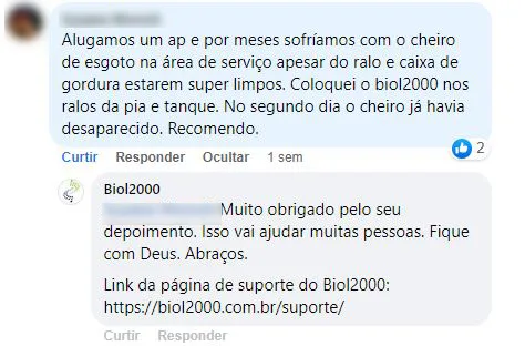 Comentário no Facebook: o cheiro de esgoto na área de serviço sumiu no segundo dia após usar nos ralos da pia e do tanque.