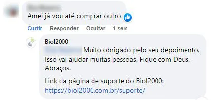 Comentário no Facebook: cliente amou o produto e já vai comprar outro.