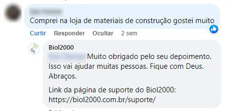 Comentário no Facebook: cliente comprou o Biol2000 numa loja de materiais de construção e gostou muito.