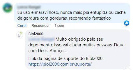 Comentário no Facebook: a cliente nunca mais teve pia entupida nem caixa de gordura cheia de gordura.