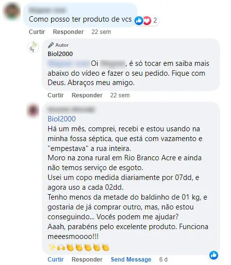 Comentário no Facebook: cliente da zona rural usa na fossa séptica com vazamento que empestava a rua e diz que funciona.