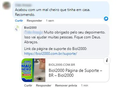 Comentário no Facebook: o produto acabou com o mau cheiro que o cliente tinha em casa.
