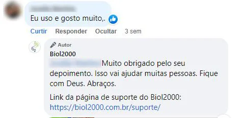 Comentário no Facebook: cliente conta que usa o Biol2000 e gosta muito.