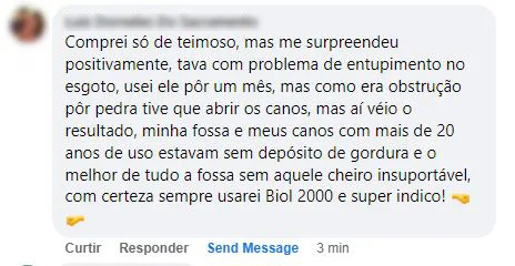 Comentário no Facebook: ao abrir os canos, o cliente viu fossa e tubulação de 20 anos sem gordura e sem cheiro.