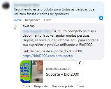 Comentário no Facebook: o cliente recomenda o produto para quem tem fossa e caixa de gordura.