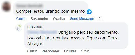 Comentário no Facebook: cliente comprou, está usando e aprova o produto.