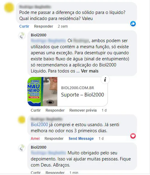 Comentário no Facebook: o cliente sentiu melhora no odor já nos três primeiros dias de uso.