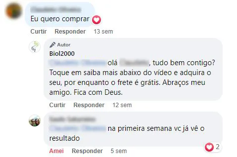 Conversa no Facebook: cliente conta que o resultado do Biol2000 aparece já na primeira semana.