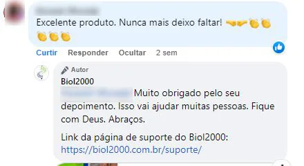Comentário no Facebook: cliente elogia o produto e diz que nunca mais deixa faltar.