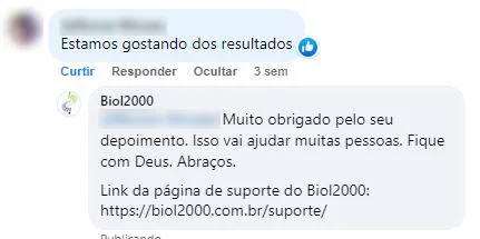 Comentário no Facebook: cliente conta que estão gostando dos resultados do Biol2000.