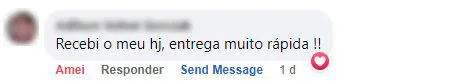Comentário no Facebook: o cliente recebeu o pedido com entrega muito rápida.