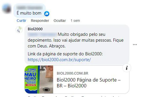 Comentário no Facebook: cliente diz que o Biol2000 é muito bom.