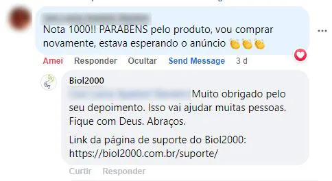 Comentário no Facebook: cliente dá nota 1000 ao produto e diz que vai comprar novamente.