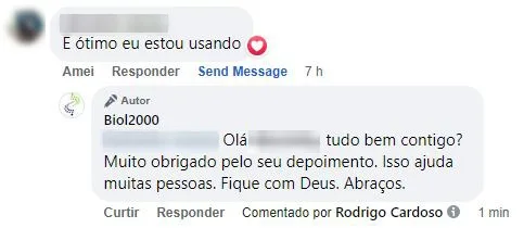 Comentário no Facebook: o cliente está usando o produto e diz que é ótimo.