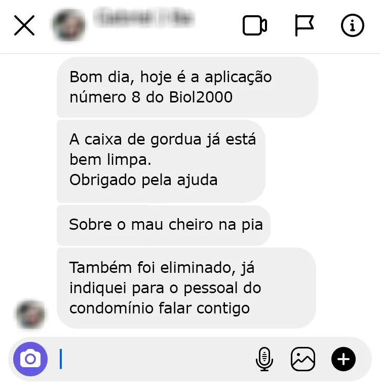 Mensagem no Instagram: na oitava aplicação a caixa de gordura está limpa e o mau cheiro da pia acabou.