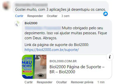 Comentário no Facebook: com 3 aplicações o produto já desentupiu os canos.