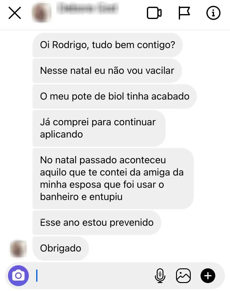 Mensagem no Instagram: cliente recomprou o Biol2000 para prevenir entupimento no banheiro depois de um problema no Natal.