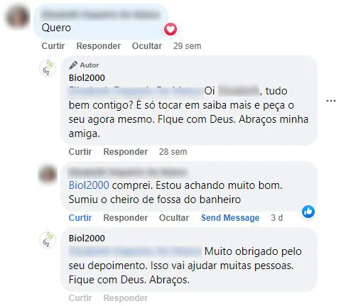 Comentário no Facebook: cliente comprou e o cheiro de fossa do banheiro sumiu.