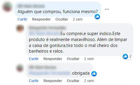 Conversa no Facebook: uma cliente responde que o Biol2000 funciona, limpa a caixa de gordura e tira o mau cheiro de banheiros e ralos.