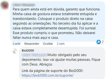 Comentário no Facebook: caixa de gordura entupida e transbordando ficou desentupida no terceiro dia.